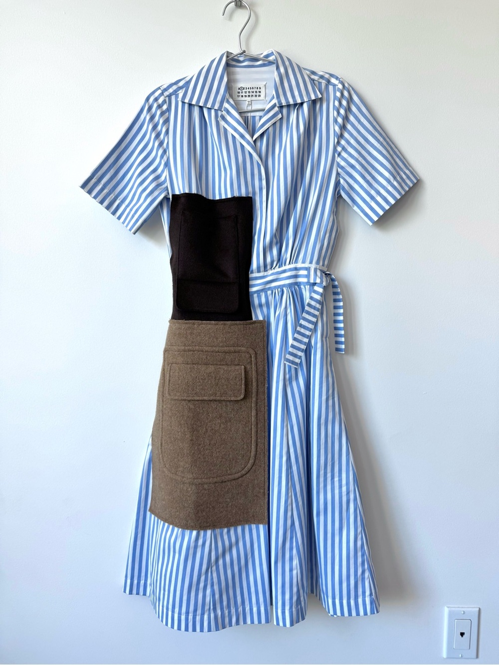 Maison Margiela Blue & White Striped Cotton Shirt Dress with Felted Wool Pockets